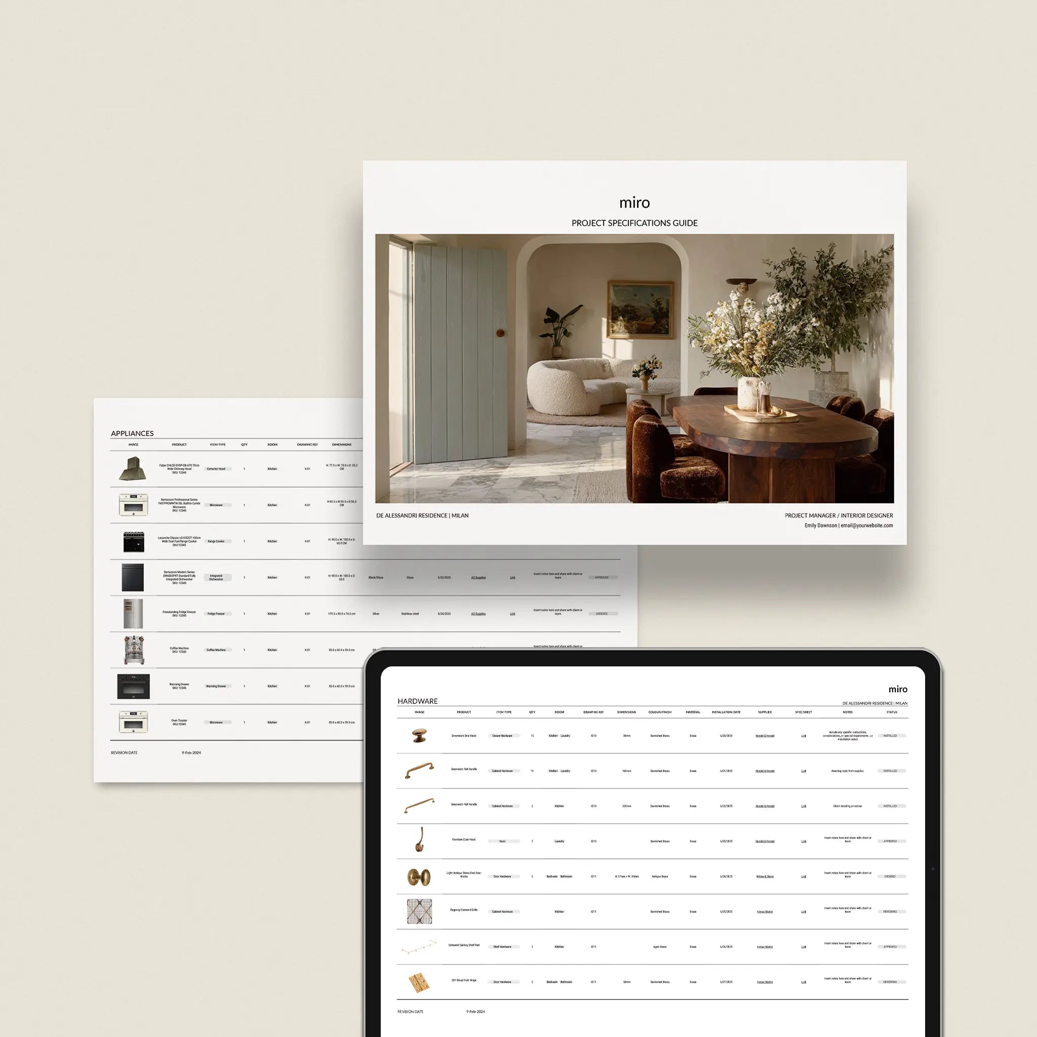 Miro project specification guide displayed on a tablet and paper with a neutral background