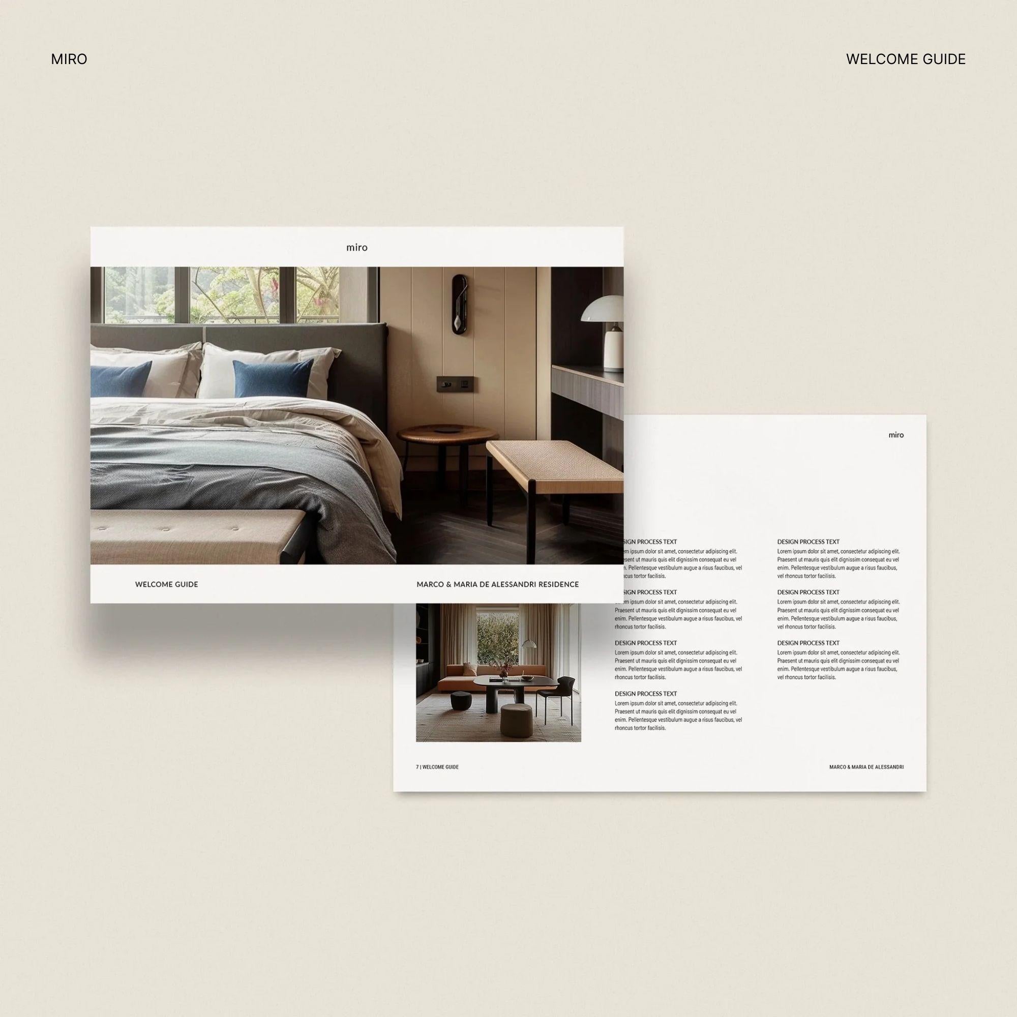 Miro welcome guide template for interior designers with images of a bedroom and living room on a beige background