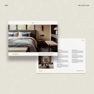 Miro welcome guide template for interior designers with images of a bedroom and living room on a beige background