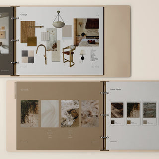 binders include mood board, keywords, concept board, colour palette, interior design presentation template