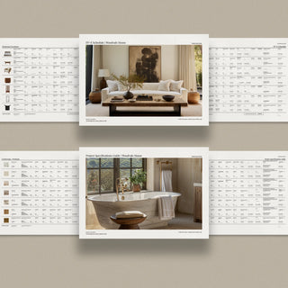 Image of FFE Schedule pages and Project Specifications Guide Templates featuring bathroom furniture and countertop specifications.