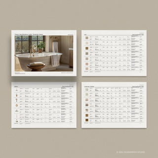 Pages of Project Specifications Guide template featuring Pain finishes, lighting schedule, countertop and worktop finishes for interior designers.