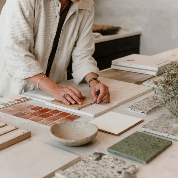Interior designer selecting materials for a design project.